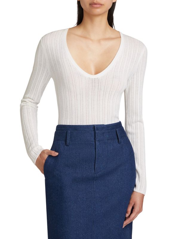 Pointelle V-Neck Wool-Blend Sweater Vince