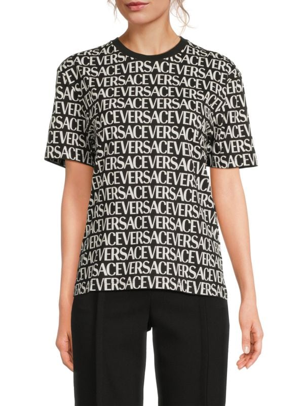 Monogram Print Cotton T-Shirt Versace