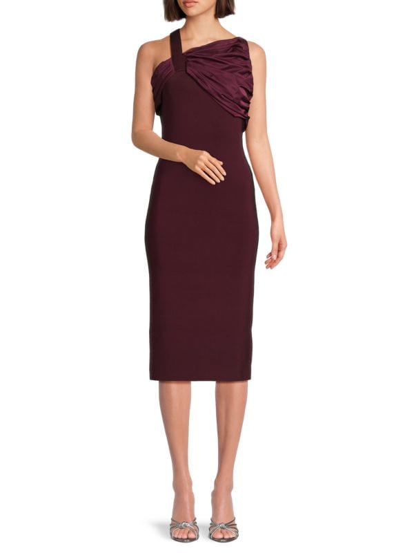 The Janelle Draped Shoulder Sheath Midi Dress Herve Leger