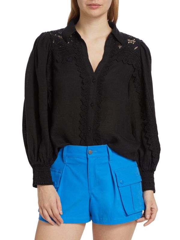 Linen Lace-Paneled Blouse Alice + Olivia