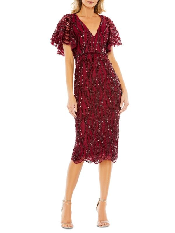 Sequin Flare Sleeve Midi Dress Mac Duggal