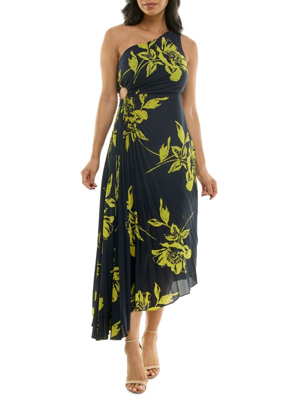 Floral Pleated Crepe Chiffon A-Line Knee Length Dress Nicole Miller New York