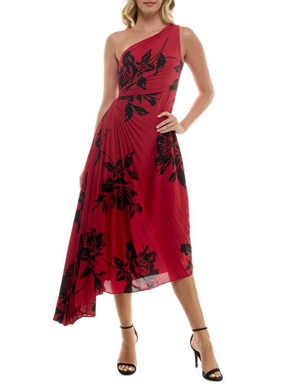 Floral Pleated Crepe Chiffon A-Line Knee Length Dress Nicole Miller New York