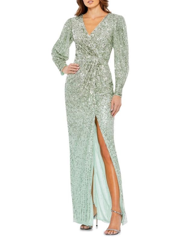 Sequin Faux Wrap Column Gown Mac Duggal