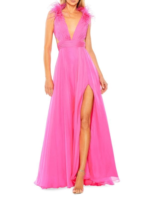 Feather Trimmed Plunging Gown Mac Duggal