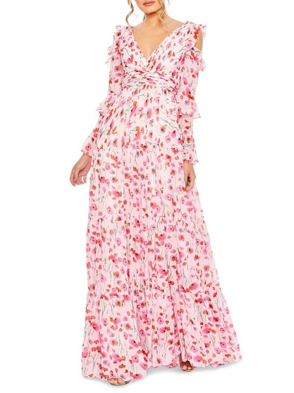 Floral Cold Shoulder Ruffle Gown Mac Duggal