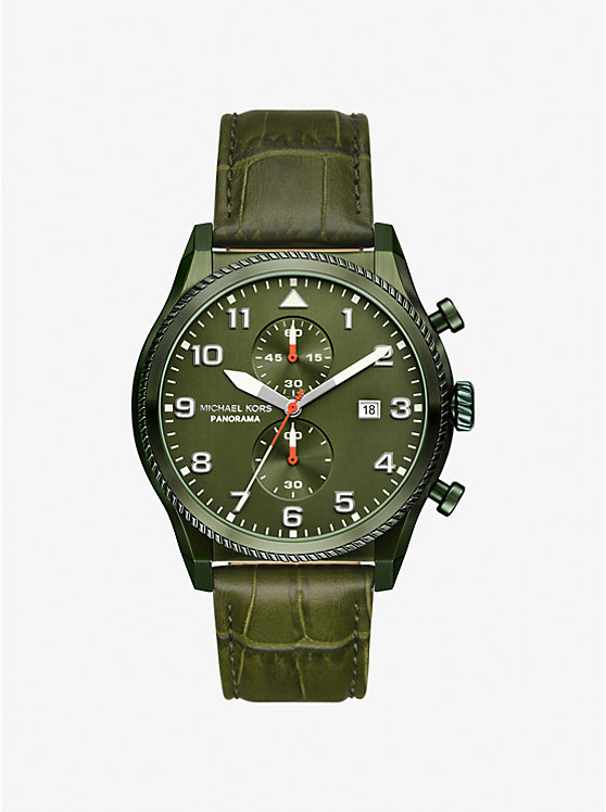 Oversized Panorama Olive-Toneand Crocodile Embossed Leather Watch Michael Kors