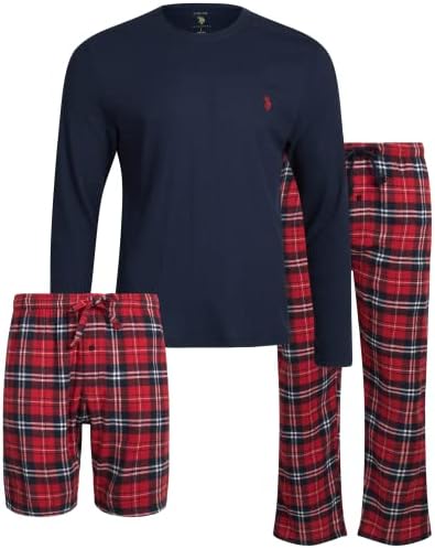 U.S. Polo Assn. Men's Pajama Set - 3 Piece Waffle Knit Long Sleeve T-Shirt, Flannel Lounge Pants, and Shorts U.S. Polo Assn.