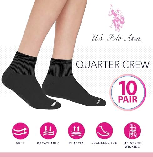 U.S. Polo Assn. 10 Pair Women's QUARTER Length Casual Socks - Moisture Control Running & Breathable Socks - Shoe Size 4-10, BLK 7656 U.S. Polo Assn.