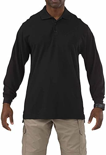 5.11 Tactical Professional Long Sleeve Polo Shirt, Cotton Pique Knit, Reinforced Seams, Black, Medium, Style 42056 5.11