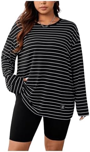 OYOANGLE Women's Plus Size Stripe Print Tee Tops Drop Shoulder Long Sleeve Casual Athletic Loose Fit T Shirts Oyoangle