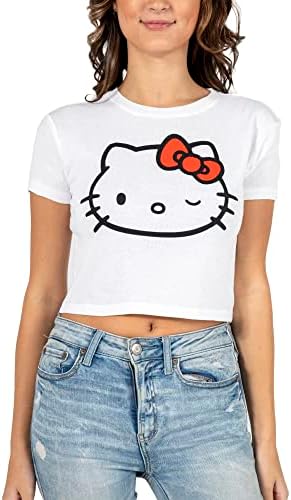 Hello Kitty Face Outline Crew Neck Short Sleeve Women's White Super Crop Baby Tee Bioworld