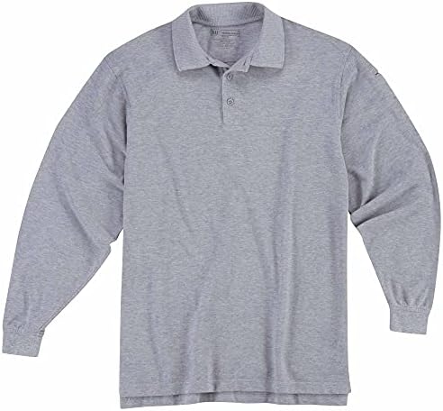 5.11 Tactical Professional Long Sleeve Polo Shirt, Cotton Pique Knit, Reinforced Seams, Heather Grey, Small, Style 42056 5.11