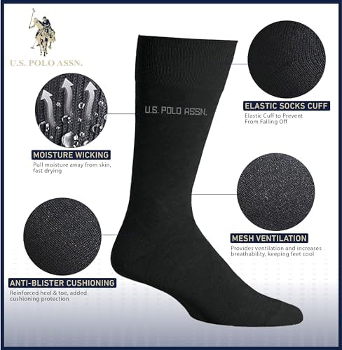 U.S. Polo Assn. 6 Pair Men's Crew Length Soft Dress Socks - Breathable & Moisture Control Socks for Indoor or Outdoor Wear, BRW 7635 (Shoe Size 6-12) U.S. Polo Assn.