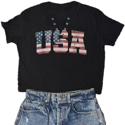 American Flag Hollow Out V-Neck Crop T-Shirt Women Retro USA Patriotic Tees 4th of July Loose Casual Short Sleeve Tops MAOGUYUN