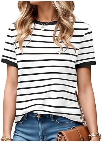 OYOANGLE Women's Striped Print Short Sleeve Crew Neck Tee Shirt Color Block Summer Tees Oyoangle