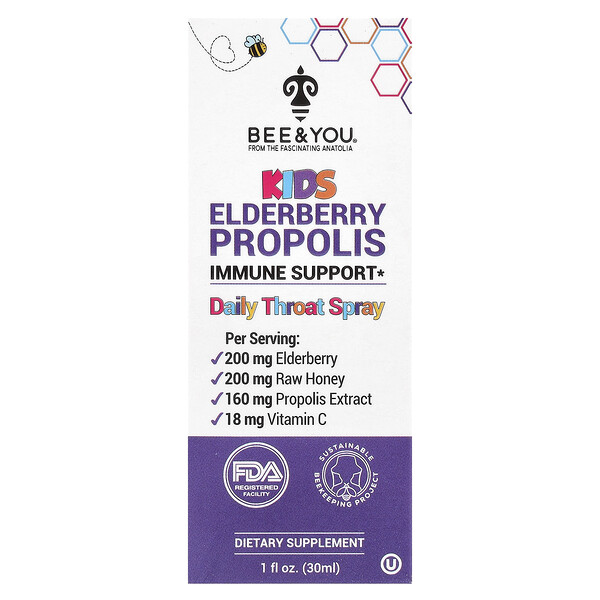 Kids Elderberry Propolis Daily Throat Spray, 1 fl oz (30 ml) Bee & You