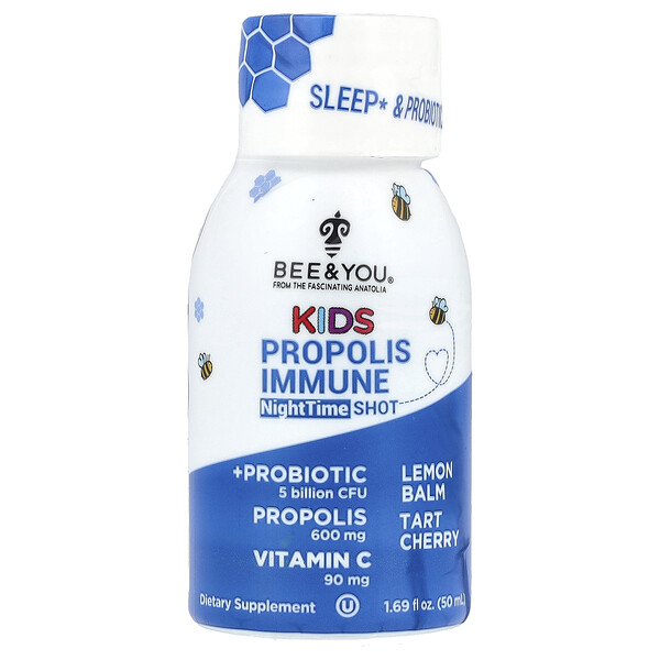 Kids Propolis Immune NightTime Shot, Lemon Balm, Tart Cherry, 1.69 fl oz (50 ml) Bee & You