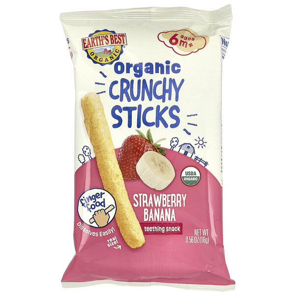 Organic Crunchy Sticks, 6+ Months, Strawberry Banana, 0.56 oz (16 g) Earth's Best