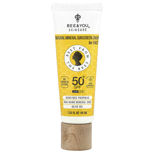 Natural Mineral Sunscreen Cream, For Face, 50+ SPF, 1.35 fl oz (40 ml) Bee & You