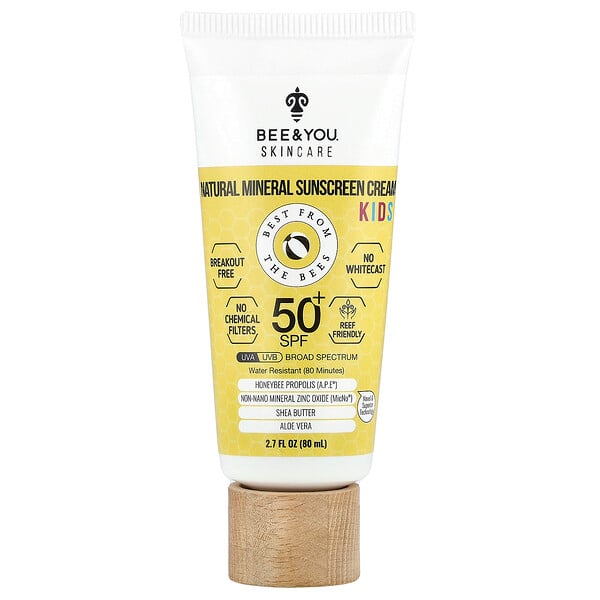 Kids, Natural Mineral Sunscreen Cream, SPF 50+, 2.7 fl oz (80 ml) Bee & You