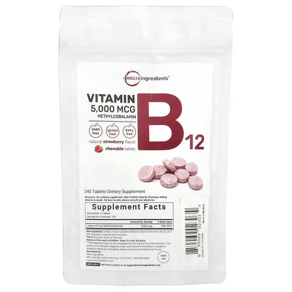 Vitamin B12 Methylcobalamin, Strawberry, 5,000 mcg, 240 Chewable Tablets (2,500 mcg per Tablet) Micro Ingredients