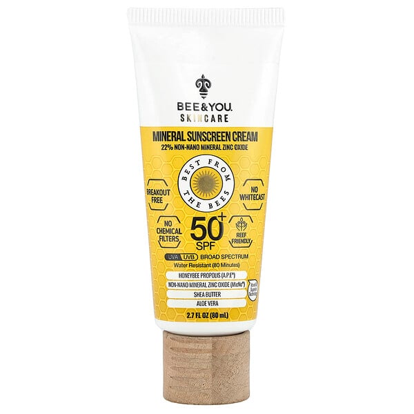 Mineral Sunscreen Cream, SPF 50+, 2.7 fl oz (80 ml) Bee & You