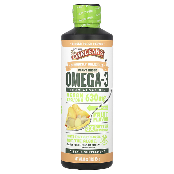 Seriously Delicious®, Plant Based Omega-3 From Algae Oil, Ginger Peach, 630 mg, 16 oz (454 g) Barlean's