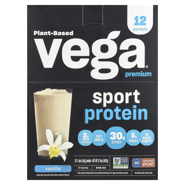 Sport, Plant-Based Premium Protein, Vanilla, 12 Pack, 1.5 oz (41 g) Each Vega