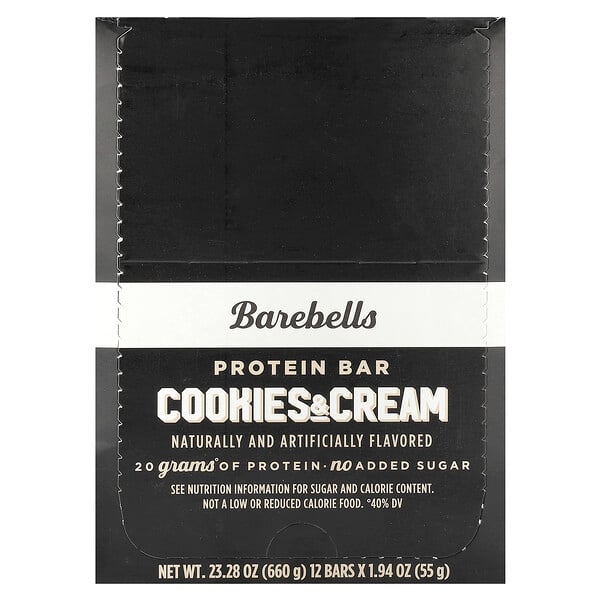 Protein Bar, Cookies & Cream, 12 Bars, 1.94 oz (55 g) Each Barebells