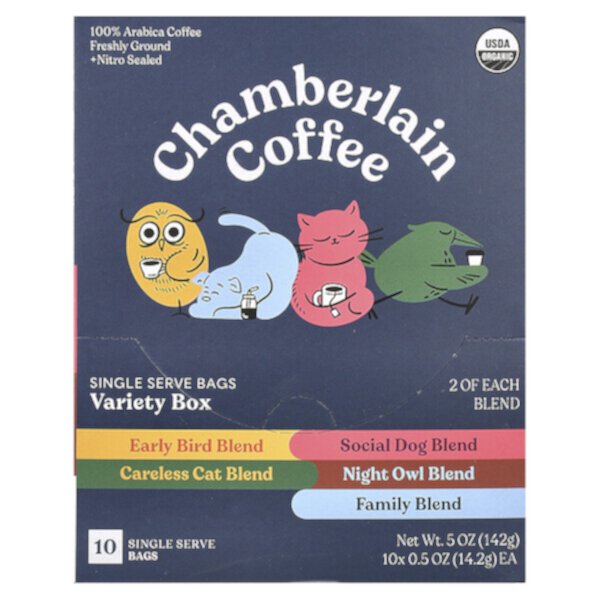 Variety Box, 10 Single Serve Bags, 5 oz (142 g) Chamberlain Coffee