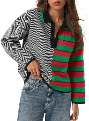 Saodimallsu Womens Striped Color Block Sweater Polo V Neck Collared Long Sleeve Colorful Knit Pullover Tops Saodimallsu