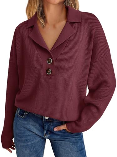 LILLUSORY Womens V Neck Pullover Sweaters Casual Cable Knit Chunky Warm Cute Tops with Collar Polo Lillusory