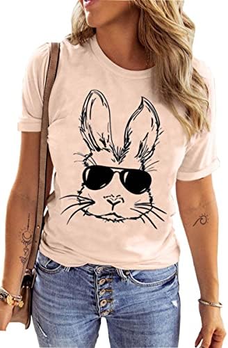 Easter Day T-Shirt for Womens Funny Rabbit Glasses Graphic Tee Happy Easter Letter Print Casual Short Sleeve Shirt Top Susongeth