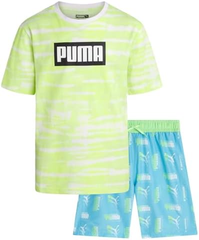 PUMA Boys' Swim Set - Bathing Suit Swim Trunks with Matching Basic Short Sleeve T-Shirt - Swimwear Set for Big Boys (8-20), Size 14-16, Blue Aqua/Light Green Puma