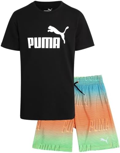 PUMA Boys' Swim Set - Bathing Suit Swim Trunks with Matching Basic Short Sleeve T-Shirt - Swimwear Set for Big Boys (S-XL), Size Medium, Orange Green Stripes/Black Puma