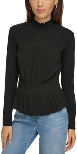 KARL LAGERFELD Paris Womens Smocked Ruffled-Neck Blouse Karl Lagerfeld