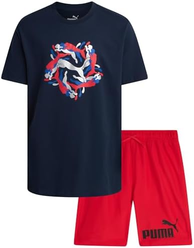 PUMA Boys' Swim Set - Bathing Suit Swim Trunks with Matching Basic Short Sleeve T-Shirt - Swimwear Set for Big Boys (8-20), Size 14-16, Red/Denim Puma