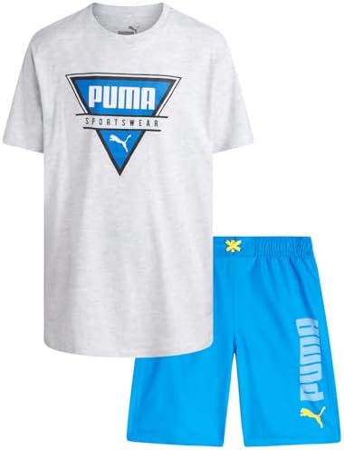 PUMA Boys' Swim Set - Bathing Suit Swim Trunks with Matching Basic Short Sleeve T-Shirt - Swimwear Set for Big Boys (8-20), Size 14-16, Blue/White Puma