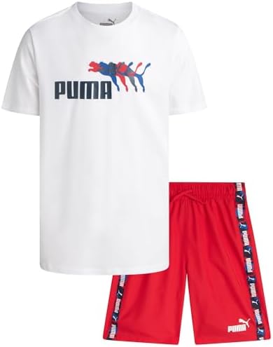 PUMA Boys' Swim Set - Bathing Suit Swim Trunks with Matching Basic Short Sleeve T-Shirt - Swimwear Set for Big Boys (8-20), Size 18-20, Red/White Puma