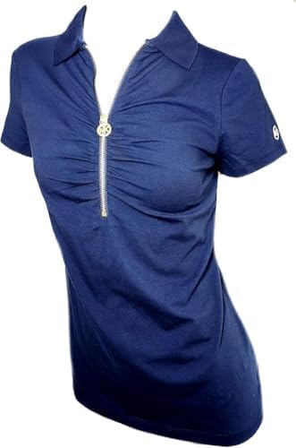 Michael Kors Womens Short Sleeve Shirt Gold Zipper MK Logo Navy Blue (XS), X-Small MICHAEL Michael Kors