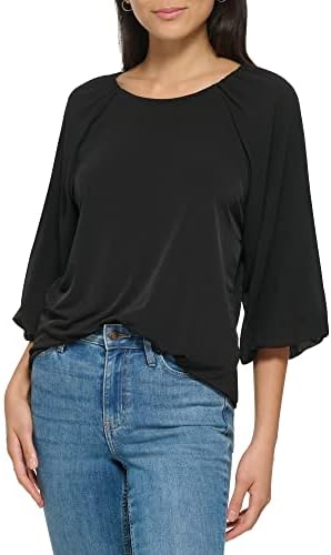 Calvin Klein Women's Loose Fitted Matte Jersey Mixed Media Lantern Sleeve Blouse Calvin Klein