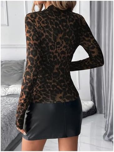 MakeMeChic Women's Leopard Print Mock Neck Slim Fit Long Sleeve Ruched Tee Shirt Tops MakeMeChic