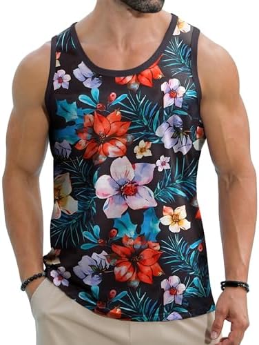 Babioboa Men's Hawaiian Tank Tops Tropical Funky Floral Beach Tops Sleeveless Basic T-Shirt Breathable Aloha Tee Summer Babioboa