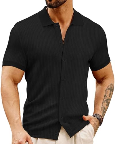 LOGEEYAR Men's Slim Fit Polo Shirts Short Sleeve Breathable Button Down Golf Shirts Ribbed Knit Soft Cotton Tops Logeeyar