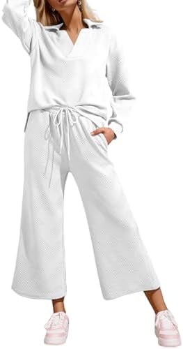 SHEWIN 2 Piece Sets for Women Collared V Neck Long Sleeve Polo Shirts Tops Lounge Set Tracksuits Sweatsuits Shewin