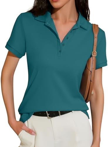 Women Short Sleeve Polo Shirt Summer Business Casual Work Collared Tops Dressy Button Cotton Blouse Meetrendi