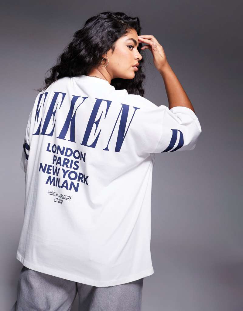 Weekend Collective Curve Icon oversized t-shirt with navy stacked back logo in ecru ASOS Weekend Collective