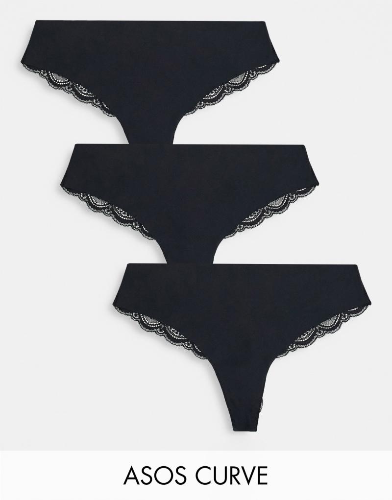 ASOS DESIGN Curve 3 pack brazilian in no VPL & lace in black ASOS Curve