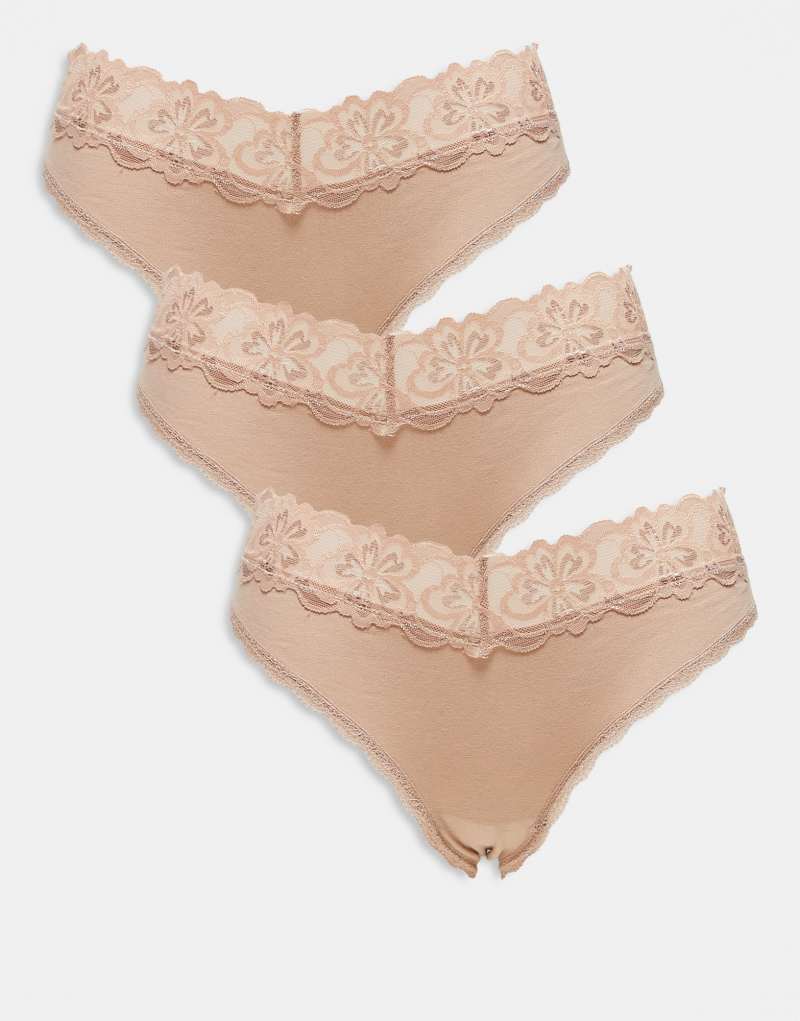 ASOS DESIGN Minnie 3-pack cotton Brazilian briefs with lace waistband in neutral Asos Design